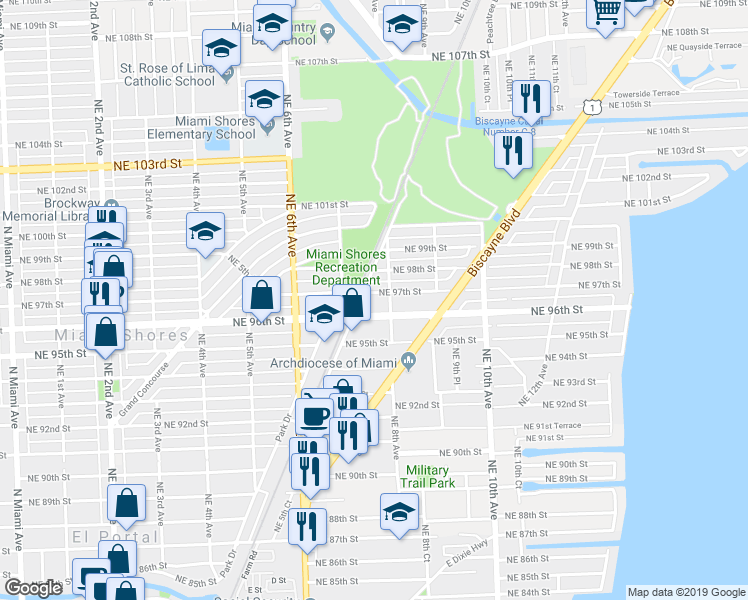 map of restaurants, bars, coffee shops, grocery stores, and more near 760 Northeast 97th Street in Miami Shores