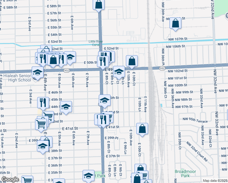map of restaurants, bars, coffee shops, grocery stores, and more near 4545 East 8th Lane in Hialeah