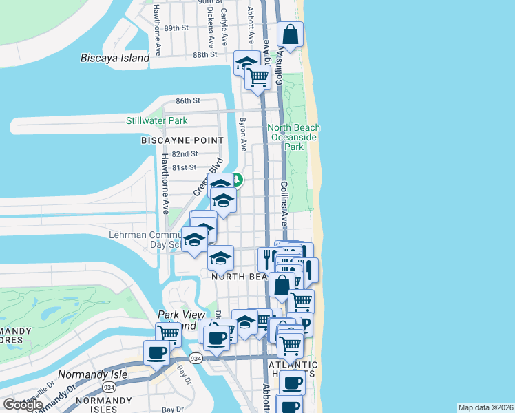 map of restaurants, bars, coffee shops, grocery stores, and more near in Miami Beach