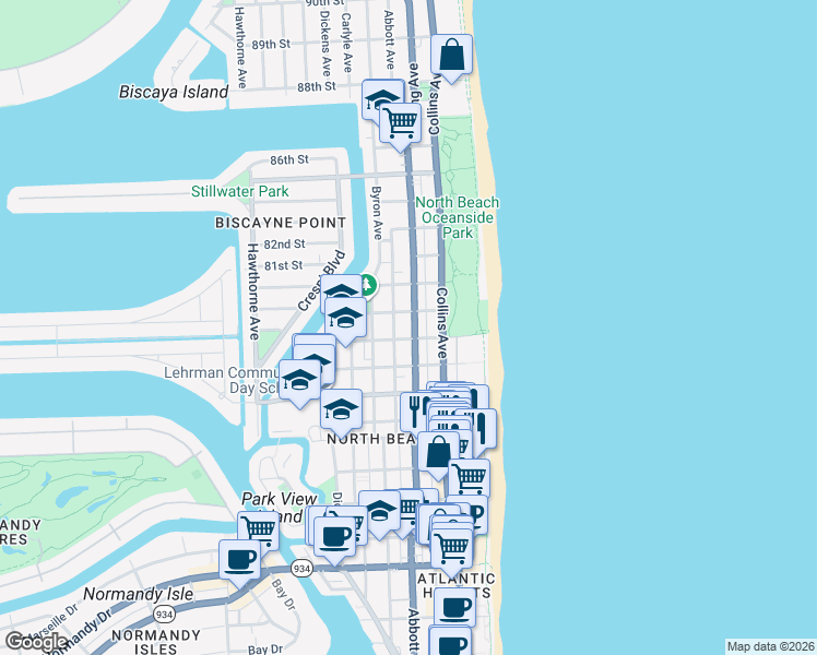 map of restaurants, bars, coffee shops, grocery stores, and more near in Miami Beach
