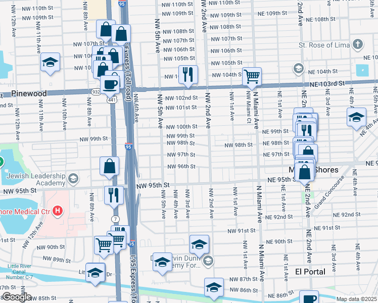 map of restaurants, bars, coffee shops, grocery stores, and more near 297 Northwest 97th Street in Miami