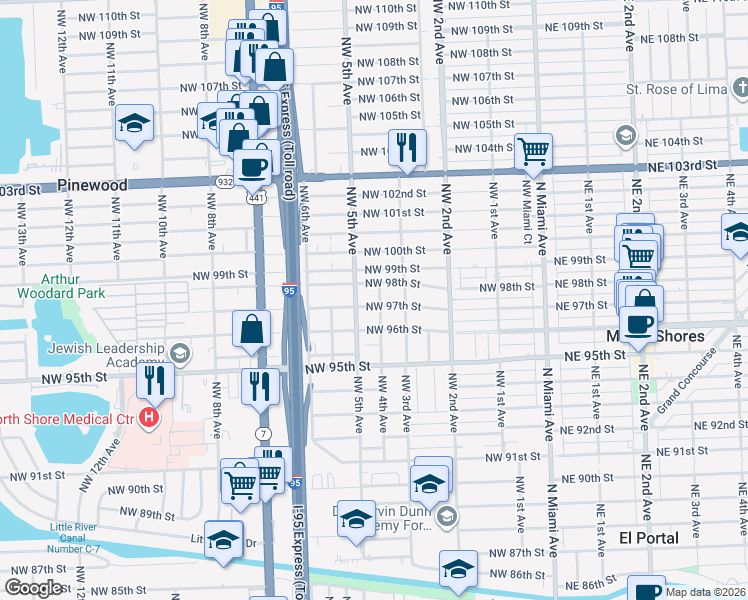map of restaurants, bars, coffee shops, grocery stores, and more near 411 Northwest 97th Street in Miami