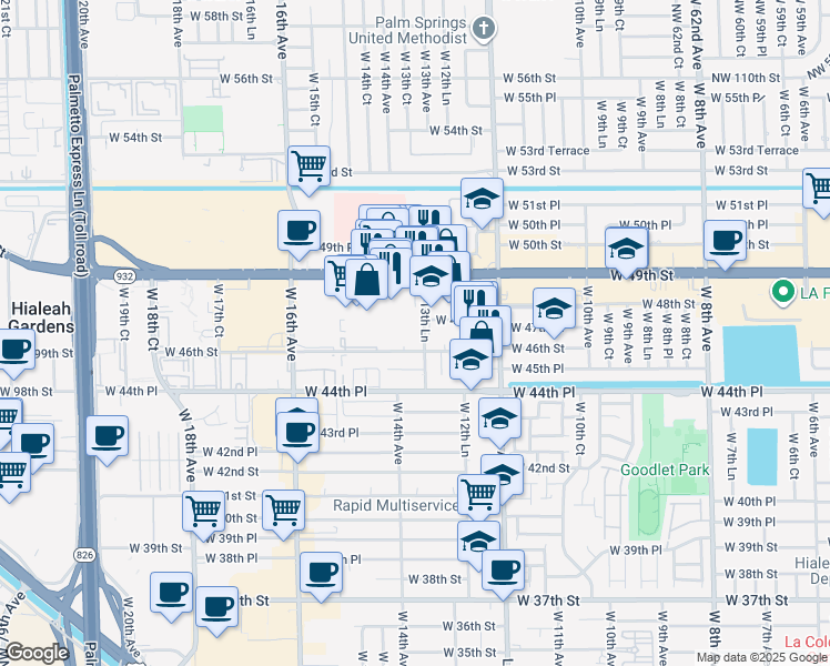 map of restaurants, bars, coffee shops, grocery stores, and more near 4670 West 13th Lane in Hialeah