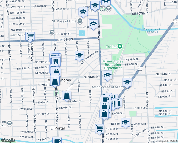 map of restaurants, bars, coffee shops, grocery stores, and more near 500 Northeast 97th Street in Miami Shores