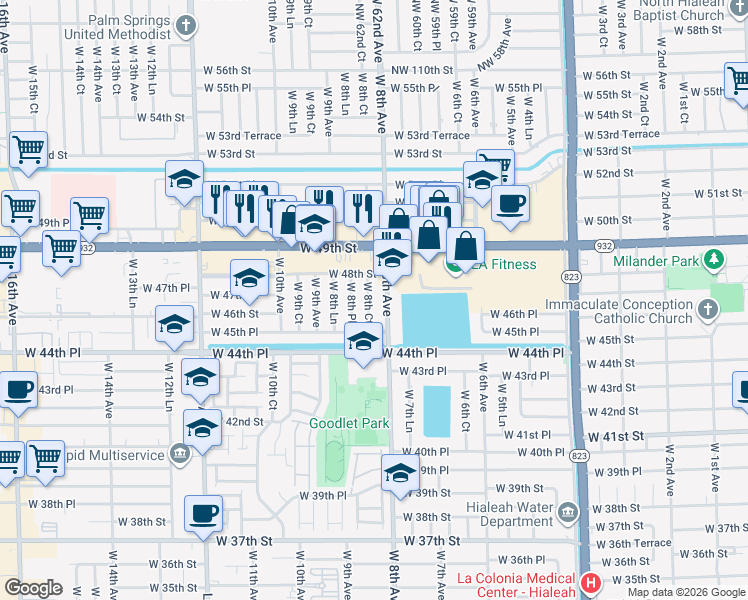 map of restaurants, bars, coffee shops, grocery stores, and more near 4661 West 8th Court in Hialeah