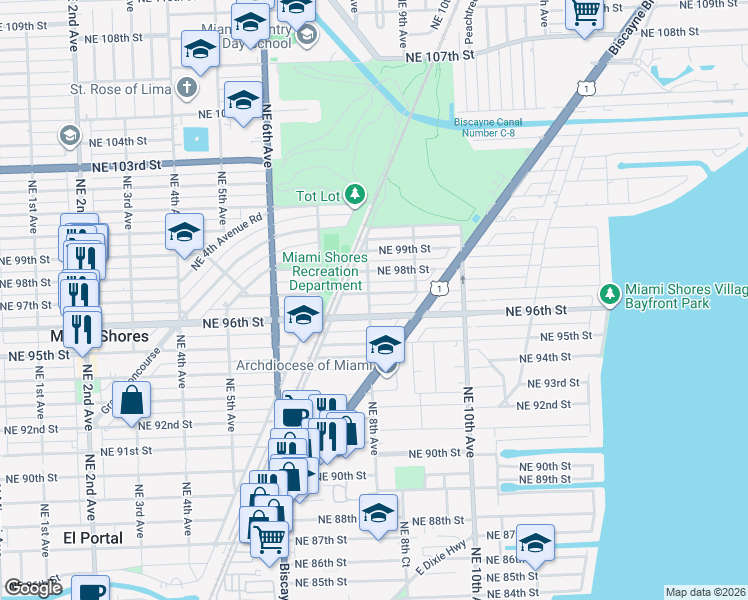 map of restaurants, bars, coffee shops, grocery stores, and more near 800 Northeast 97th Street in Miami Shores