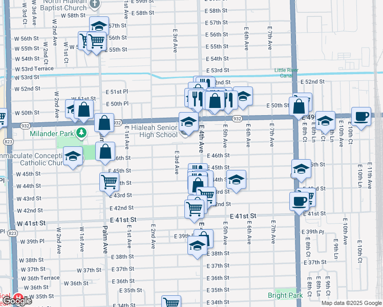 map of restaurants, bars, coffee shops, grocery stores, and more near 359 East 46th Street in Hialeah