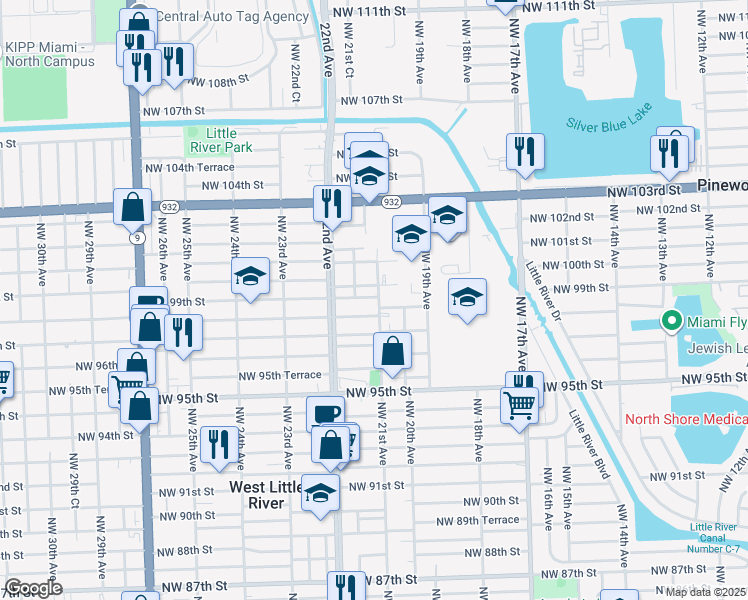 map of restaurants, bars, coffee shops, grocery stores, and more near 9896 Northwest 21st Avenue in Miami