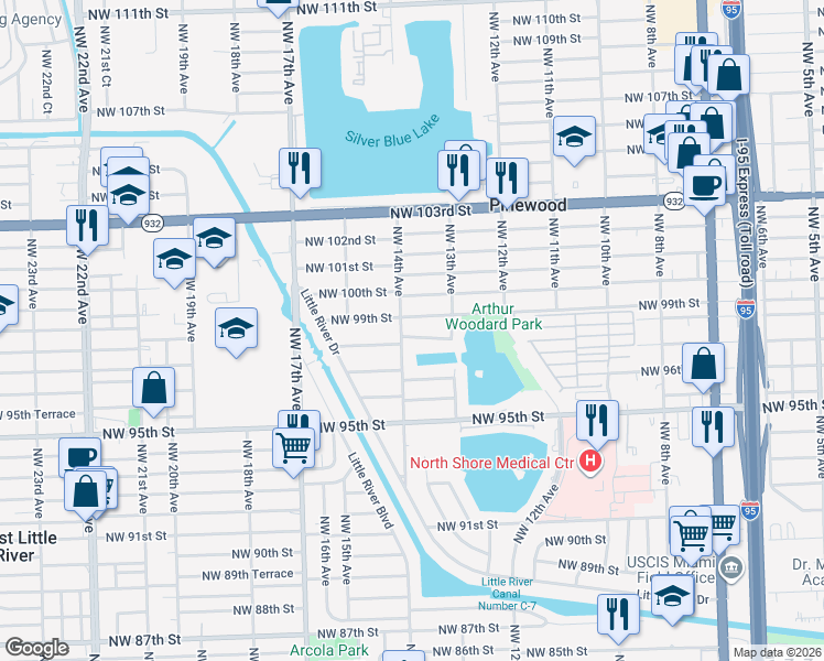 map of restaurants, bars, coffee shops, grocery stores, and more near 1361 Northwest 98th Terrace in Miami
