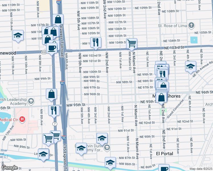 map of restaurants, bars, coffee shops, grocery stores, and more near 9720 Northwest 2nd Avenue in Miami Shores