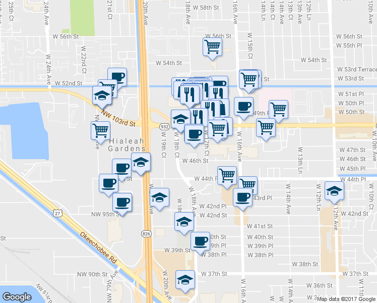 map of restaurants, bars, coffee shops, grocery stores, and more near 1790 West 49th Street in Hialeah