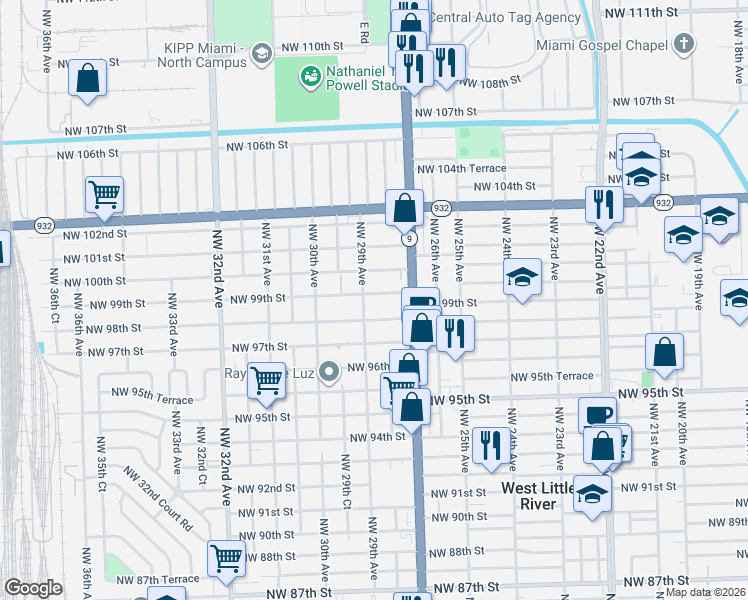 map of restaurants, bars, coffee shops, grocery stores, and more near 2830 Northwest 99th Street in Miami