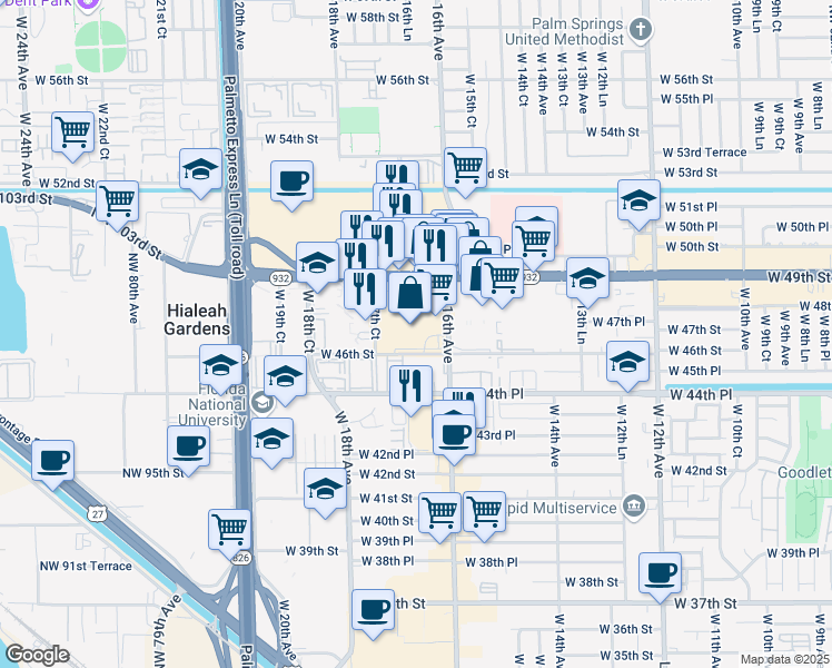 map of restaurants, bars, coffee shops, grocery stores, and more near 1700 West 49th Street in Hialeah