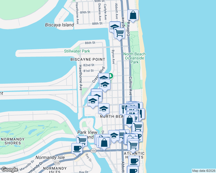 map of restaurants, bars, coffee shops, grocery stores, and more near 7925 Carlyle Avenue in Miami Beach