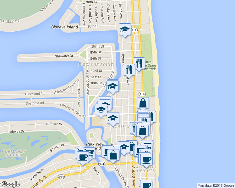map of restaurants, bars, coffee shops, grocery stores, and more near 7920 Byron Avenue in Miami Beach