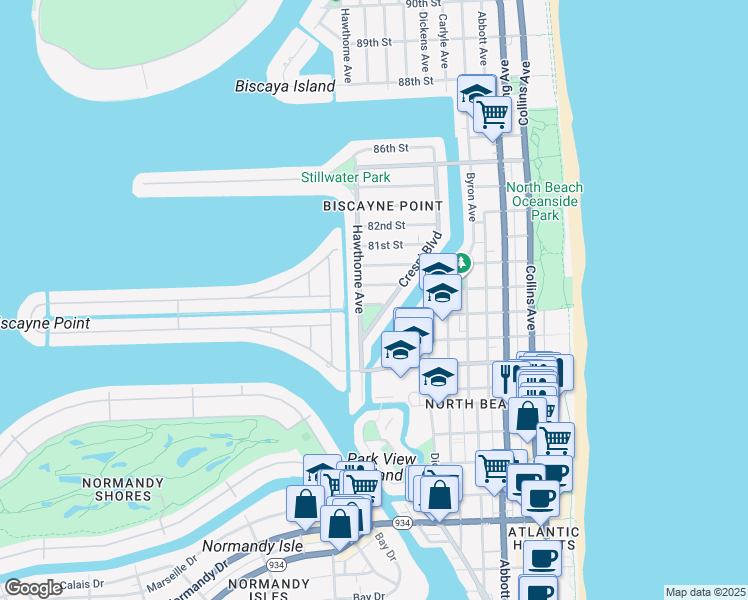 map of restaurants, bars, coffee shops, grocery stores, and more near 1051 79th Street in Miami Beach