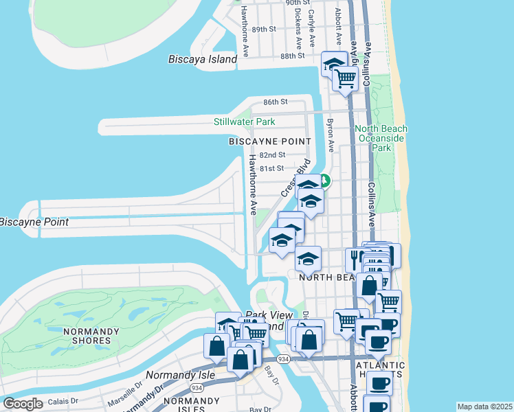 map of restaurants, bars, coffee shops, grocery stores, and more near 1051 79th Street in Miami Beach