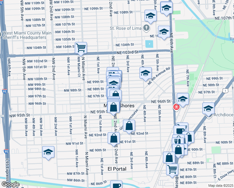 map of restaurants, bars, coffee shops, grocery stores, and more near 213 Northeast 97th Street in Miami Shores