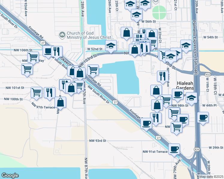 map of restaurants, bars, coffee shops, grocery stores, and more near 1551 West Okeechobee Road in Hialeah