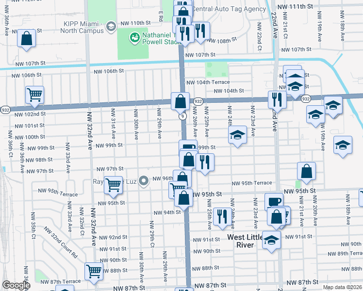 map of restaurants, bars, coffee shops, grocery stores, and more near 9850 NW 27th Ave in Miami