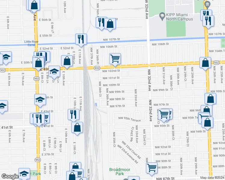 map of restaurants, bars, coffee shops, grocery stores, and more near 3565 Northwest 99th Street in Miami