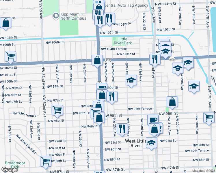 map of restaurants, bars, coffee shops, grocery stores, and more near 9901 Northwest 26th Avenue in Miami