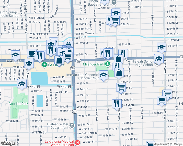 map of restaurants, bars, coffee shops, grocery stores, and more near 230 West 47th Street in Hialeah