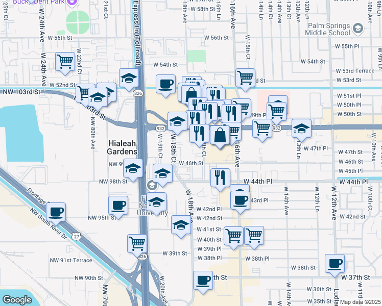 map of restaurants, bars, coffee shops, grocery stores, and more near 1776 West 49th Street in Hialeah
