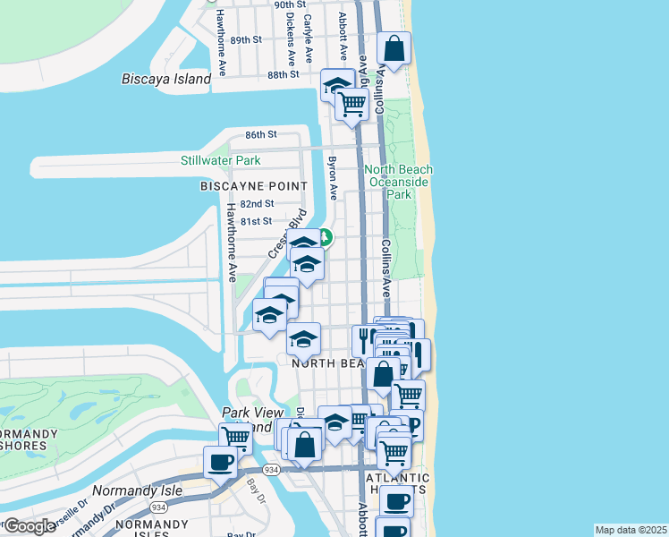 map of restaurants, bars, coffee shops, grocery stores, and more near 7920 Byron Avenue in Miami Beach