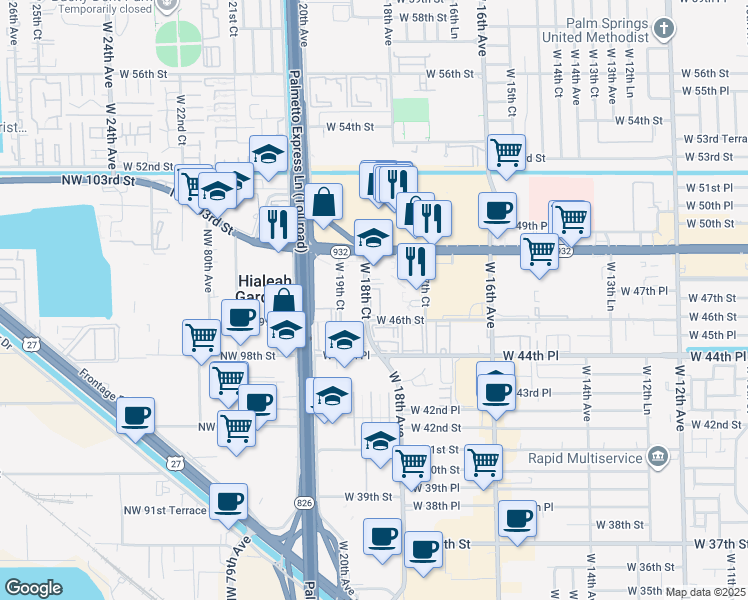 map of restaurants, bars, coffee shops, grocery stores, and more near 1940 West 18th Court in Hialeah
