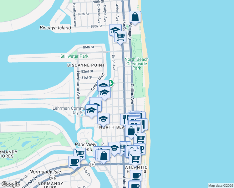 map of restaurants, bars, coffee shops, grocery stores, and more near 7930 Abbott Avenue in Miami Beach