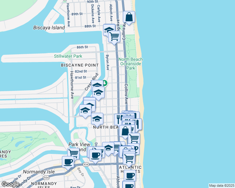 map of restaurants, bars, coffee shops, grocery stores, and more near in Miami Beach