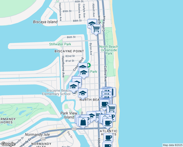 map of restaurants, bars, coffee shops, grocery stores, and more near 7921 Byron Avenue in Miami Beach