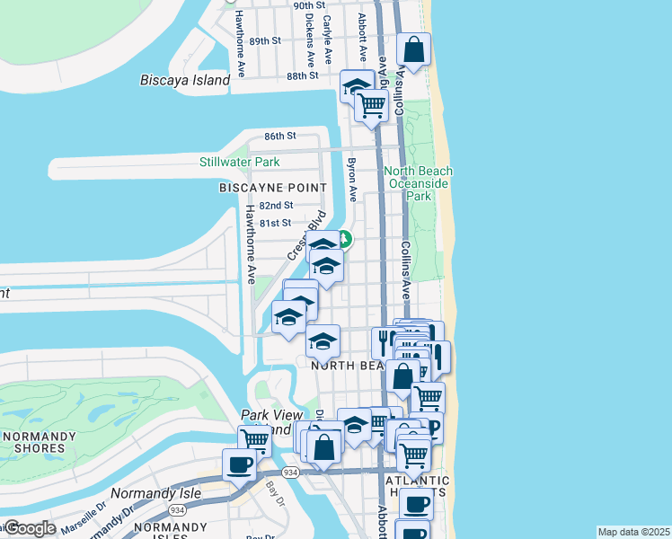 map of restaurants, bars, coffee shops, grocery stores, and more near 7920 Byron Avenue in Miami Beach