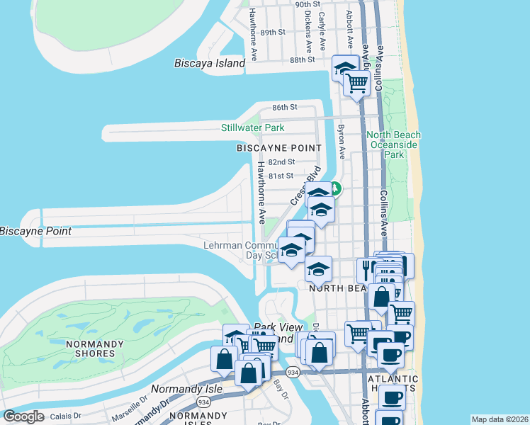 map of restaurants, bars, coffee shops, grocery stores, and more near 7915 Hawthorne Avenue in Miami Beach