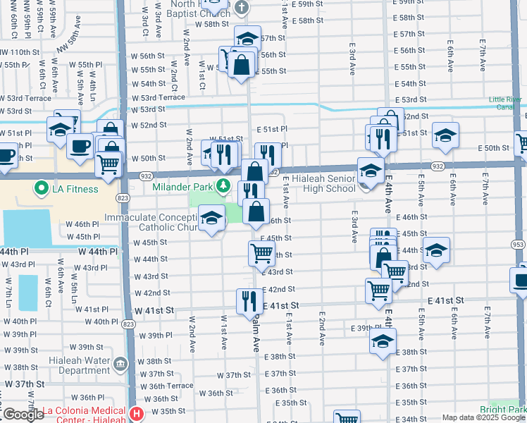 map of restaurants, bars, coffee shops, grocery stores, and more near in Hialeah