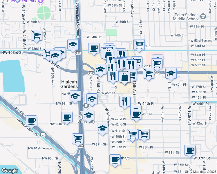 map of restaurants, bars, coffee shops, grocery stores, and more near 1790 West 49th Street in Hialeah