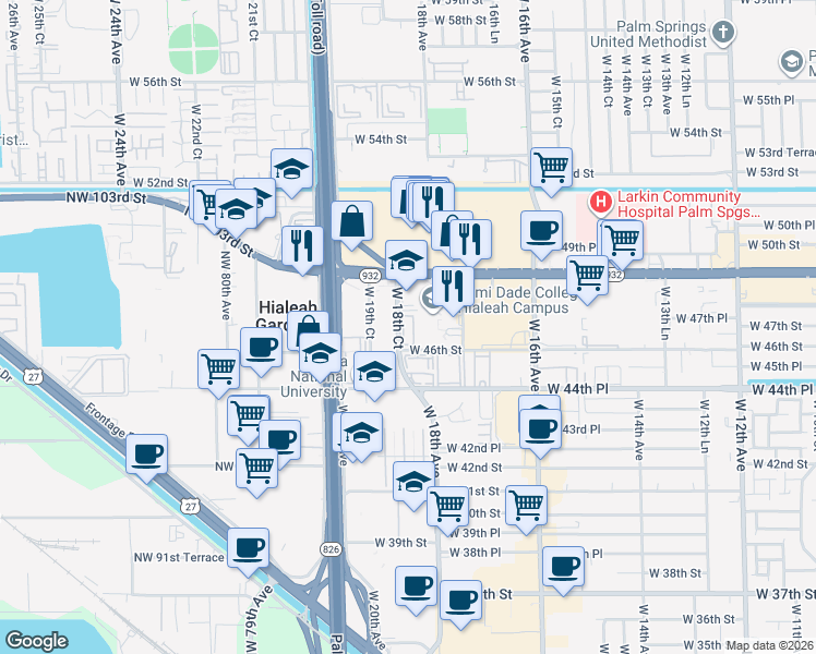 map of restaurants, bars, coffee shops, grocery stores, and more near 1940 West 18th Court in Hialeah