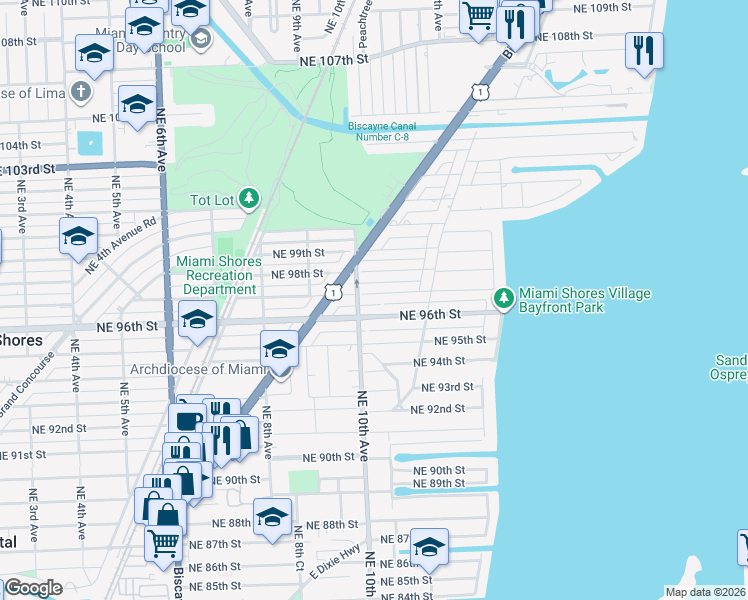 map of restaurants, bars, coffee shops, grocery stores, and more near 1041 Northeast 96th Street in Miami Shores