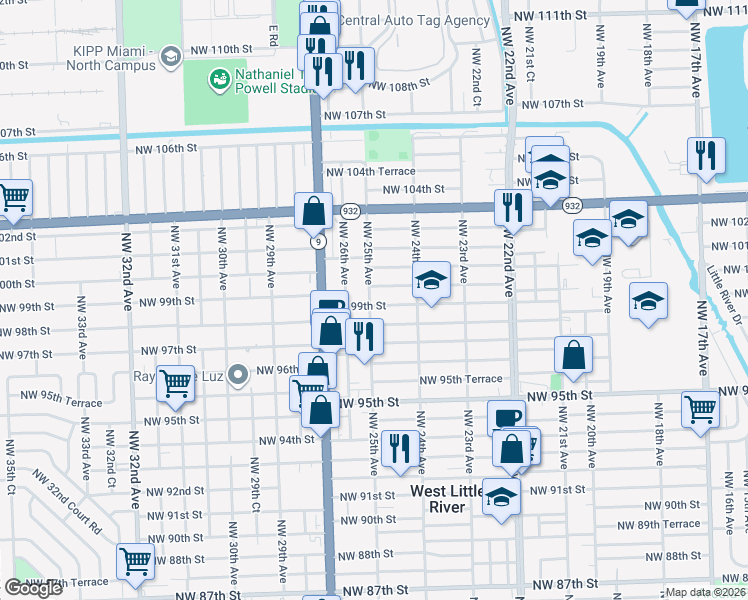 map of restaurants, bars, coffee shops, grocery stores, and more near 2467 Northwest 99th Street in Miami