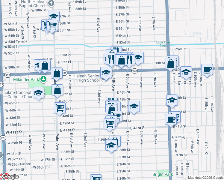 map of restaurants, bars, coffee shops, grocery stores, and more near 359 East 46th Street in Hialeah