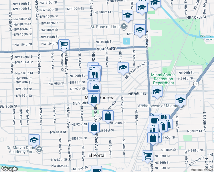 map of restaurants, bars, coffee shops, grocery stores, and more near 297 Northeast 97th Street in Miami Shores