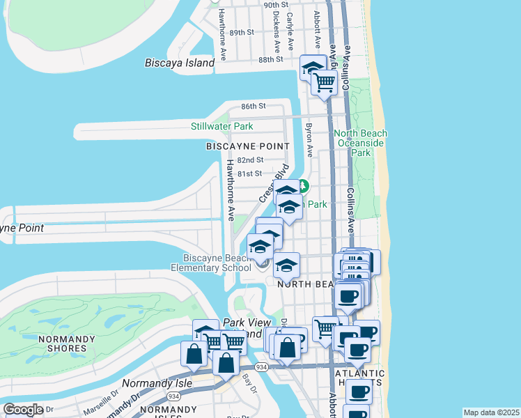 map of restaurants, bars, coffee shops, grocery stores, and more near 7925 Crespi Boulevard in Miami Beach