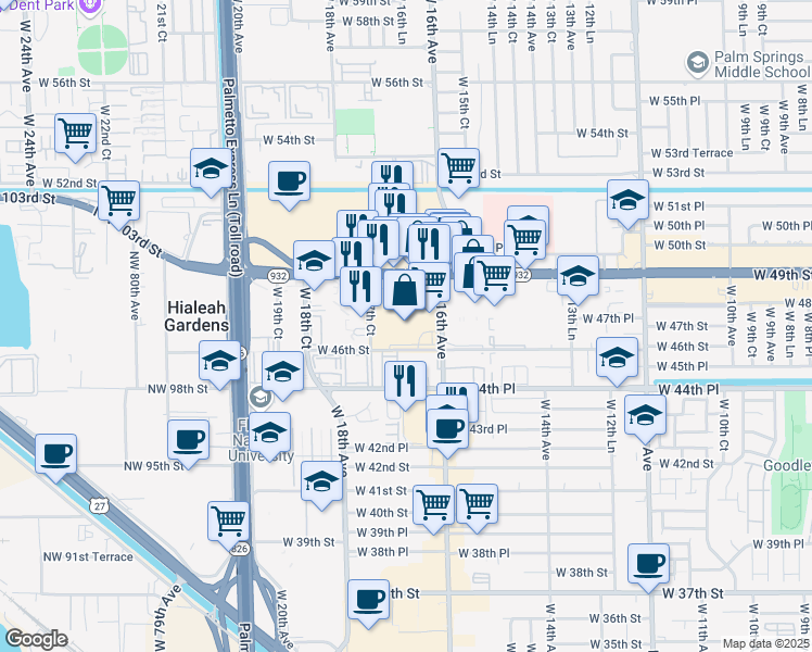 map of restaurants, bars, coffee shops, grocery stores, and more near 1700 West 49th Street in Hialeah