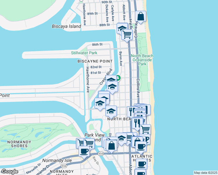map of restaurants, bars, coffee shops, grocery stores, and more near 7930 Tatum Waterway Drive in Miami Beach