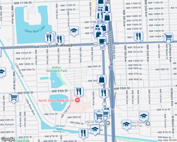 map of restaurants, bars, coffee shops, grocery stores, and more near 885 Northwest 97th Street in Miami