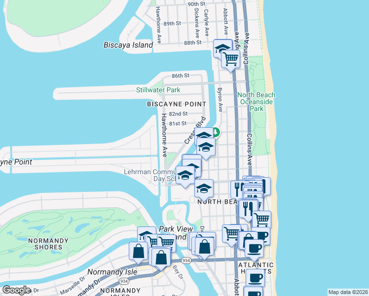 map of restaurants, bars, coffee shops, grocery stores, and more near 7931 Crespi Boulevard in Miami Beach