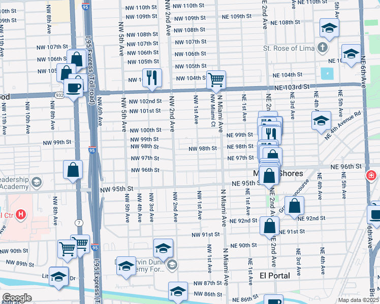 map of restaurants, bars, coffee shops, grocery stores, and more near 149 Northwest 97th Street in Miami Shores
