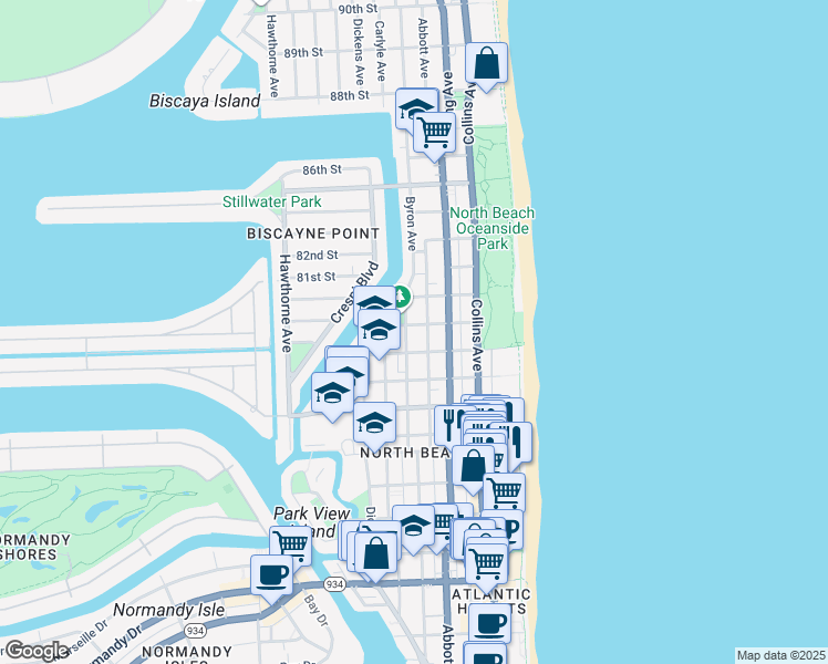map of restaurants, bars, coffee shops, grocery stores, and more near 7920 Byron Avenue in Miami Beach