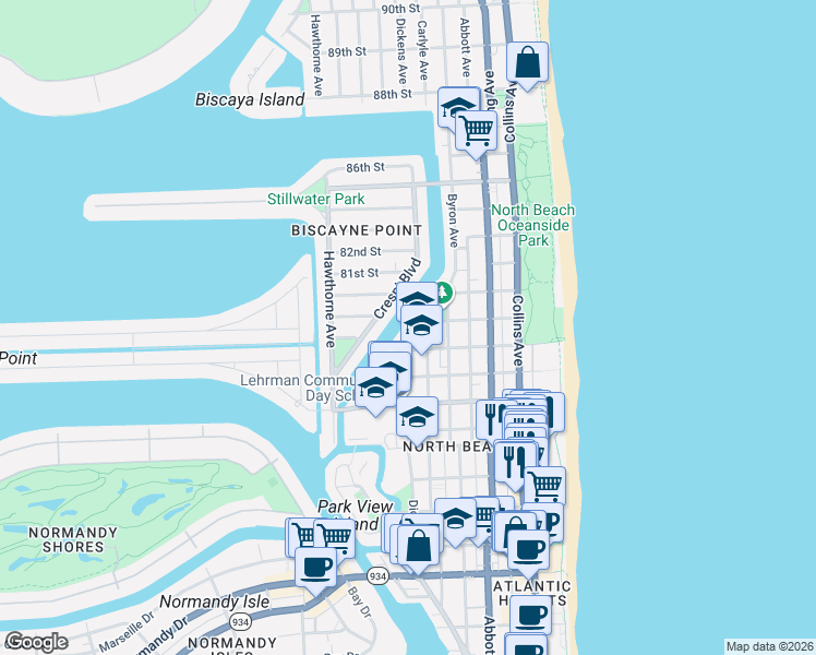 map of restaurants, bars, coffee shops, grocery stores, and more near 7930 Tatum Waterway Drive in Miami Beach
